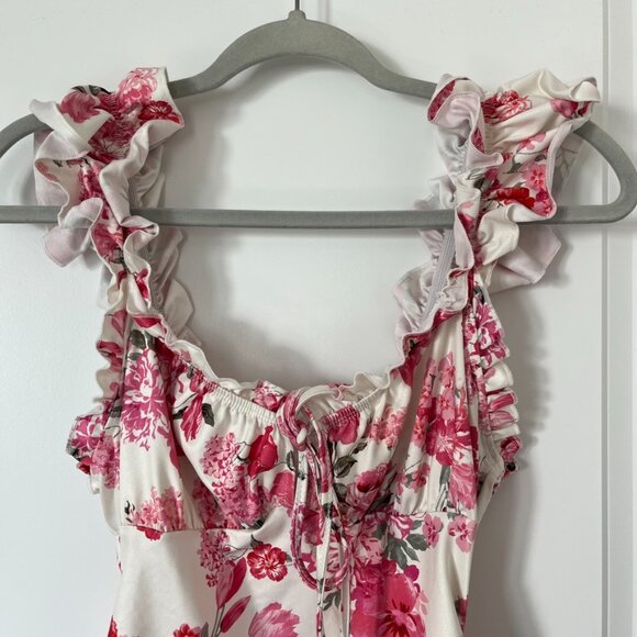 SHEIN Pink and White Medium Floral Ruffle Sleeve Fitted Spring Dress - Picture 3 of 5